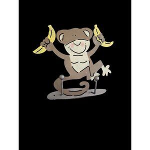 Metal Monkey With Bananas Wall/Door Mount Two Hook Rack 12x11 Inches Hats